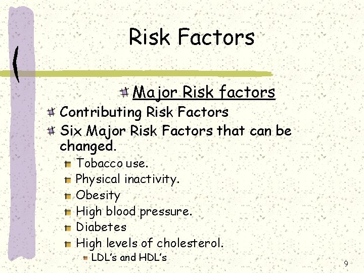 Risk Factors Major Risk factors Contributing Risk Factors Six Major Risk Factors that can