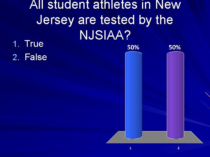 All student athletes in New Jersey are tested by the NJSIAA? 1. True 2.