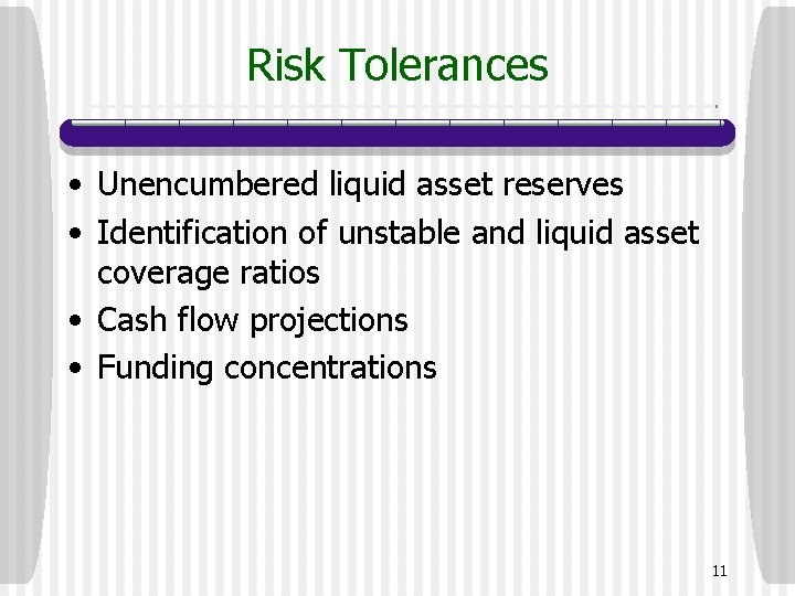 Risk Tolerances • Unencumbered liquid asset reserves • Identification of unstable and liquid asset