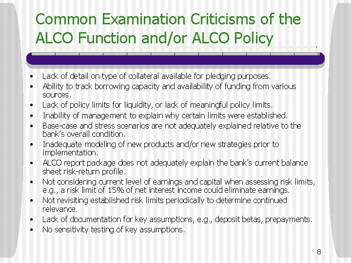 Common Examination Criticisms of the ALCO Function and/or ALCO Policy • • • Lack