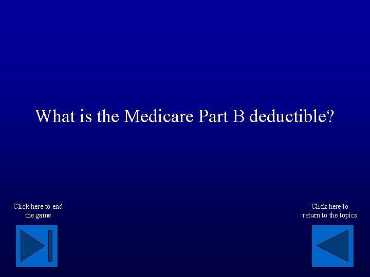 What is the Medicare Part B deductible? Click here to end the game Click