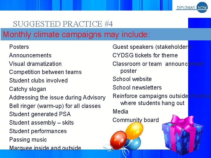 SUGGESTED PRACTICE #4 CLIMATE CAMPAIGNS Monthly climate campaigns may include: Posters Announcements Visual dramatization