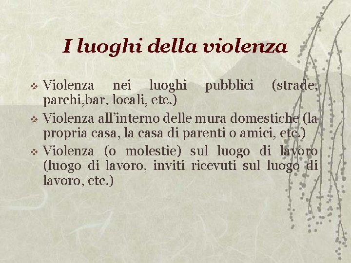 I luoghi della violenza Violenza nei luoghi pubblici (strade, parchi, bar, locali, etc. )