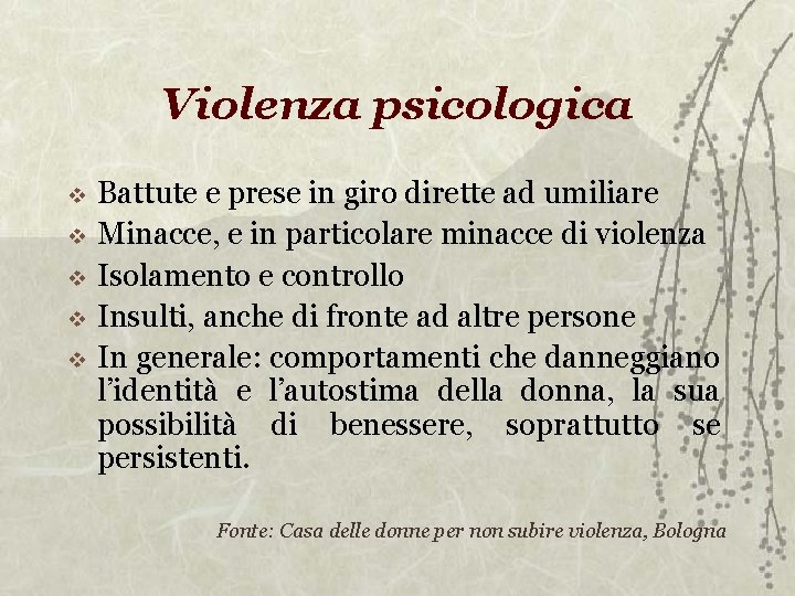 Violenza psicologica Battute e prese in giro dirette ad umiliare Minacce, e in particolare