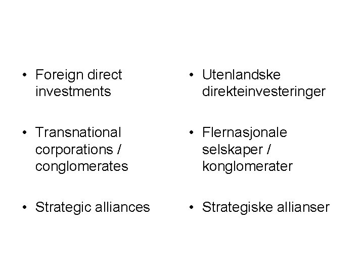  • Foreign direct investments • Utenlandske direkteinvesteringer • Transnational corporations / conglomerates •