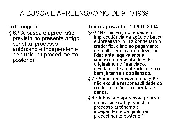 A BUSCA E APREENSÃO NO DL 911/1969 Texto original Texto após a Lei 10.