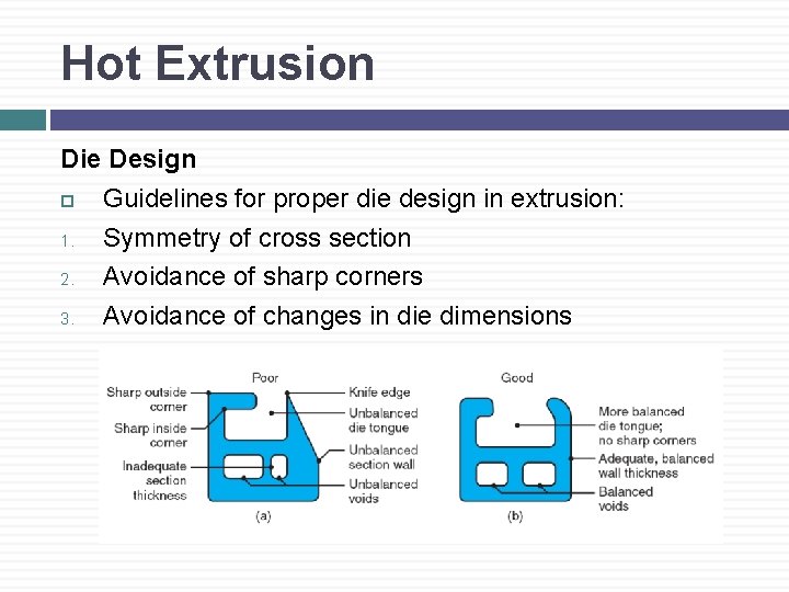 Hot Extrusion Die Design Guidelines for proper die design in extrusion: 1. Symmetry of