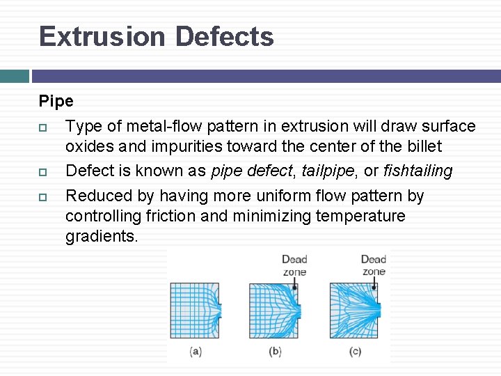Extrusion Defects Pipe Type of metal-flow pattern in extrusion will draw surface oxides and
