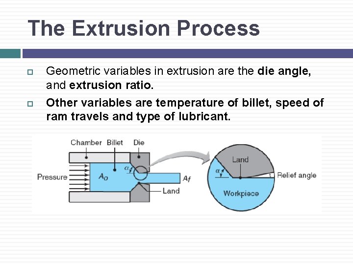 The Extrusion Process Geometric variables in extrusion are the die angle, and extrusion ratio.