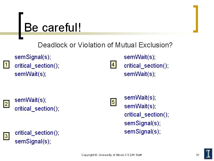 Be careful! Deadlock or Violation of Mutual Exclusion? 1 sem. Signal(s); critical_section(); sem. Wait(s);