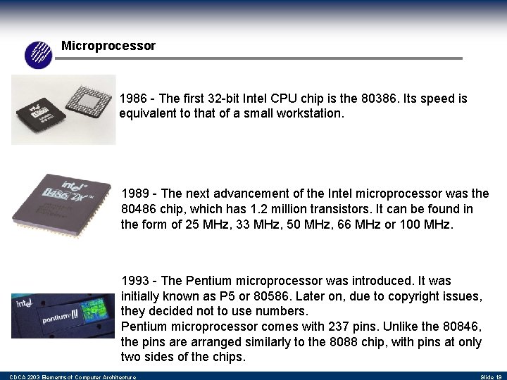 Microprocessor 1986 - The first 32 -bit Intel CPU chip is the 80386. Its