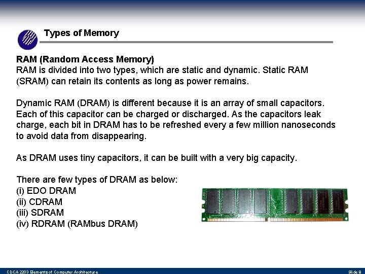 Types of Memory RAM (Random Access Memory) RAM is divided into two types, which