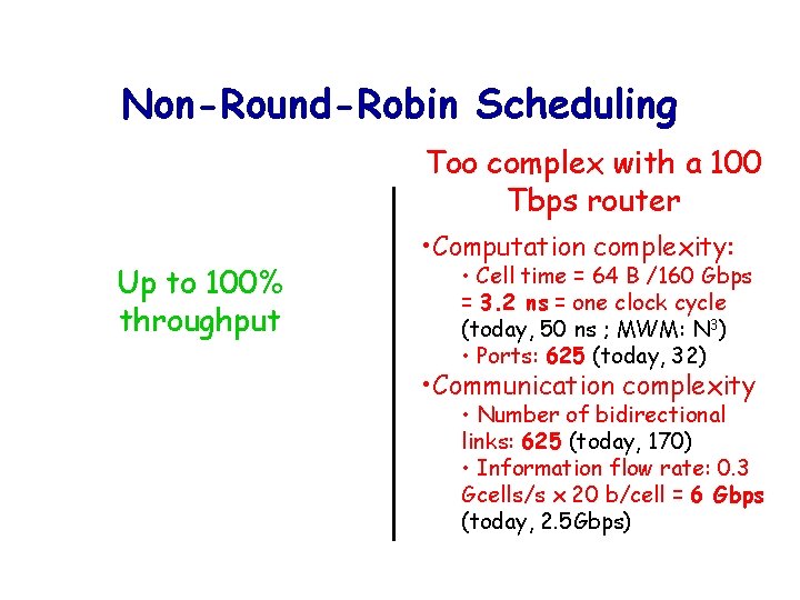 Non-Round-Robin Scheduling Too complex with a 100 Tbps router Up to 100% throughput •