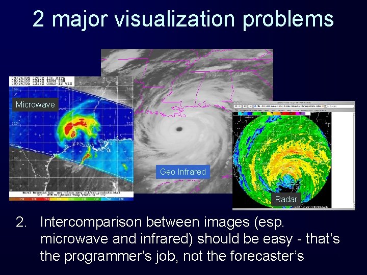 2 major visualization problems Microwave Geo Infrared Radar 2. Intercomparison between images (esp. microwave