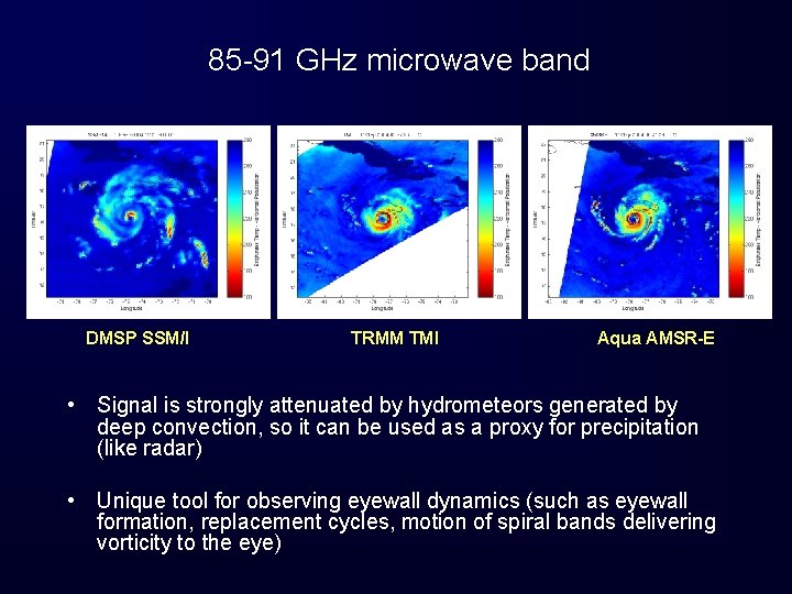 85 -91 GHz microwave band DMSP SSM/I TRMM TMI Aqua AMSR-E • Signal is