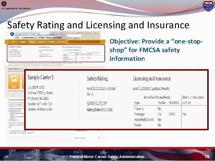 Safety Rating and Licensing and Insurance Objective: Provide a “one-stopshop” for FMCSA safety information
