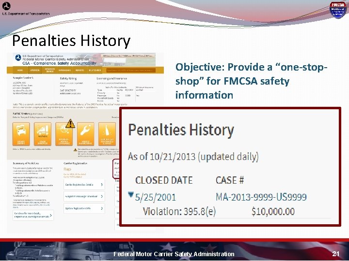 Penalties History Objective: Provide a “one-stopshop” for FMCSA safety information Federal Motor Carrier Safety