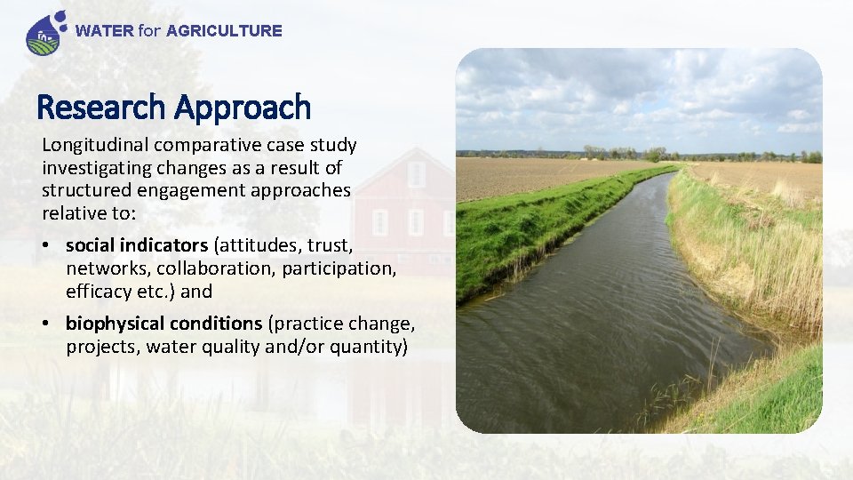 WATER for AGRICULTURE Research Approach Longitudinal comparative case study investigating changes as a result