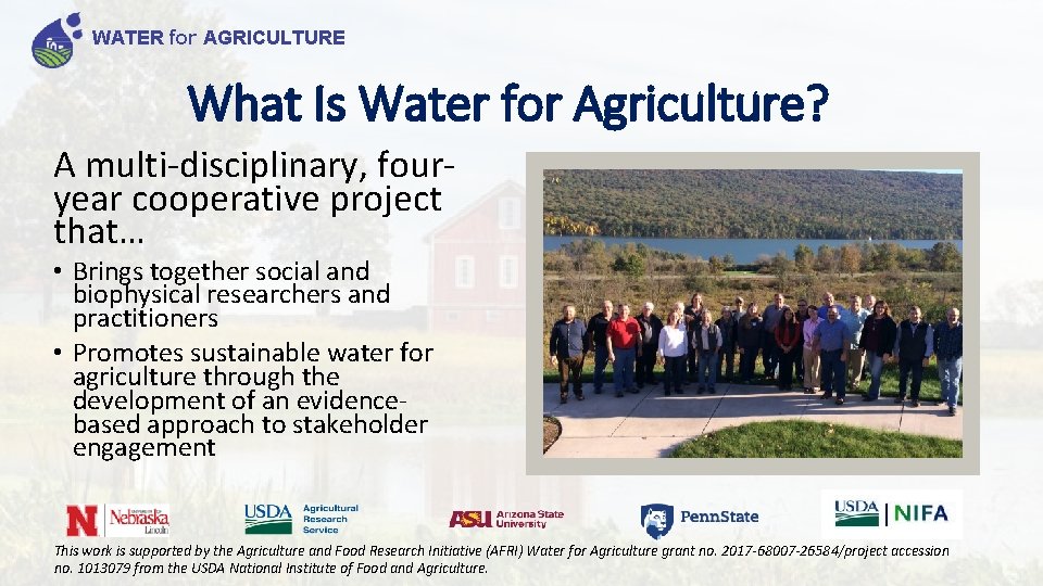 WATER for AGRICULTURE What Is Water for Agriculture? A multi-disciplinary, fouryear cooperative project that…