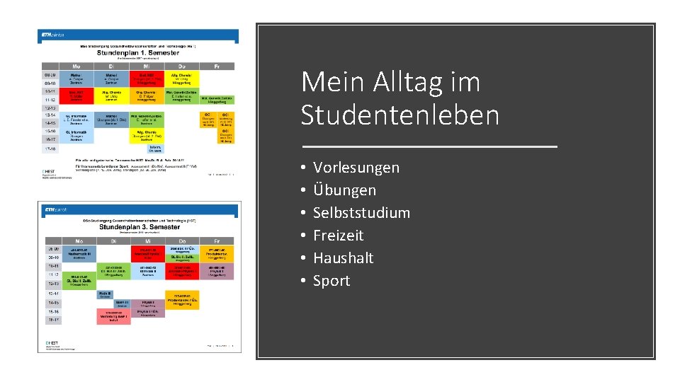 Mein Alltag im Studentenleben • • • Vorlesungen Übungen Selbststudium Freizeit Haushalt Sport 