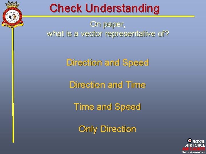 Check Understanding On paper, what is a vector representative of? Direction and Speed Direction