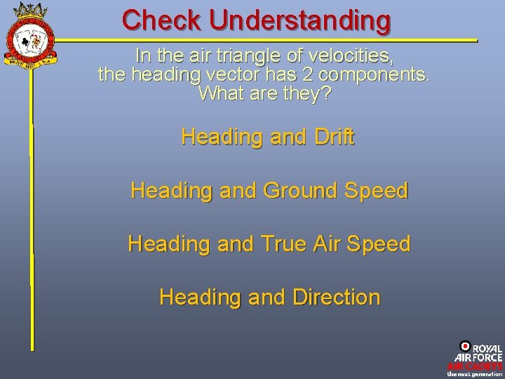 Check Understanding In the air triangle of velocities, the heading vector has 2 components.
