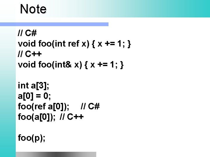 Note // C# void foo(int ref x) { x += 1; } // C++