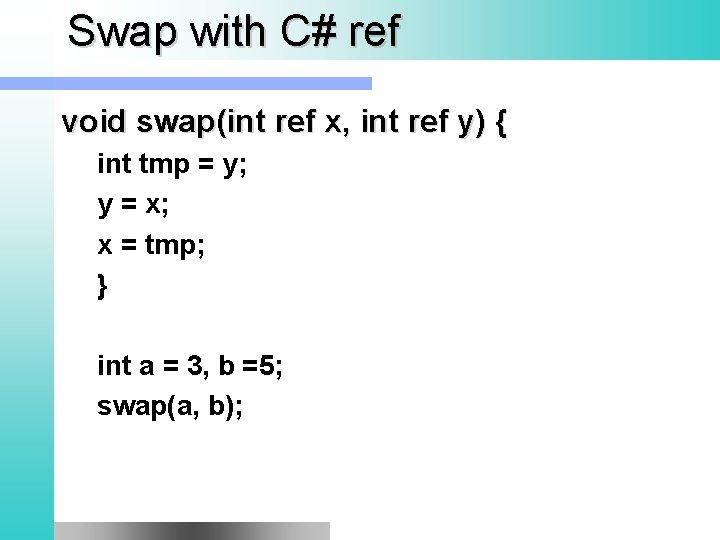 Swap with C# ref void swap(int ref x, int ref y) { int tmp