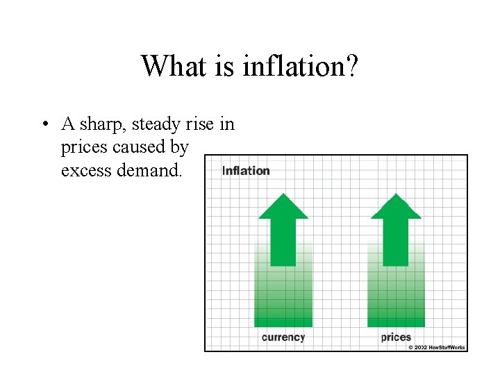 What is inflation? • A sharp, steady rise in prices caused by excess demand. What is inflation? • A sharp, steady rise in prices caused by excess demand.