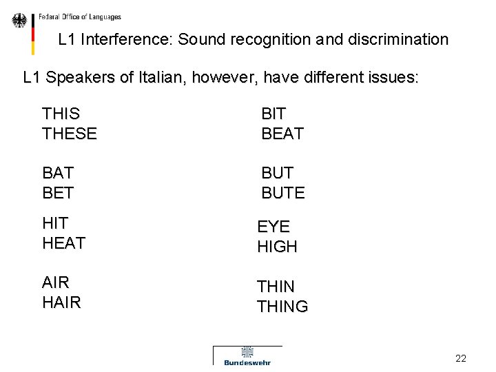 L 1 Interference: Sound recognition and discrimination L 1 Speakers of Italian, however, have