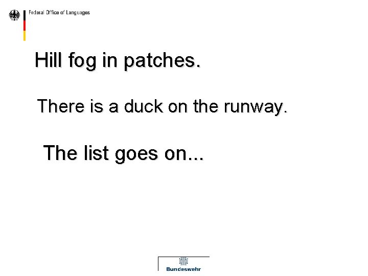 Hill fog in patches. There is a duck on the runway. The list goes