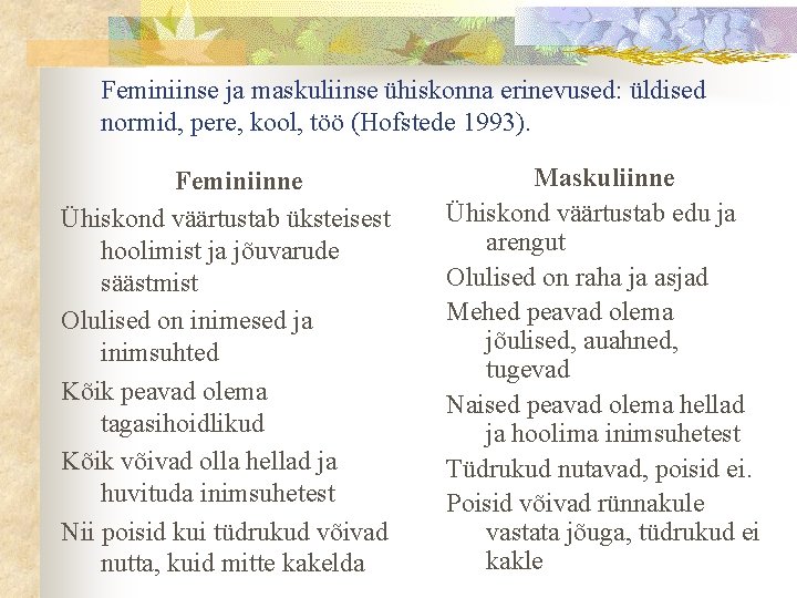 Feminiinse ja maskuliinse ühiskonna erinevused: üldised normid, pere, kool, töö (Hofstede 1993). Feminiinne Ühiskond