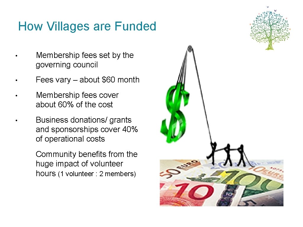 How Villages are Funded • Membership fees set by the governing council • Fees