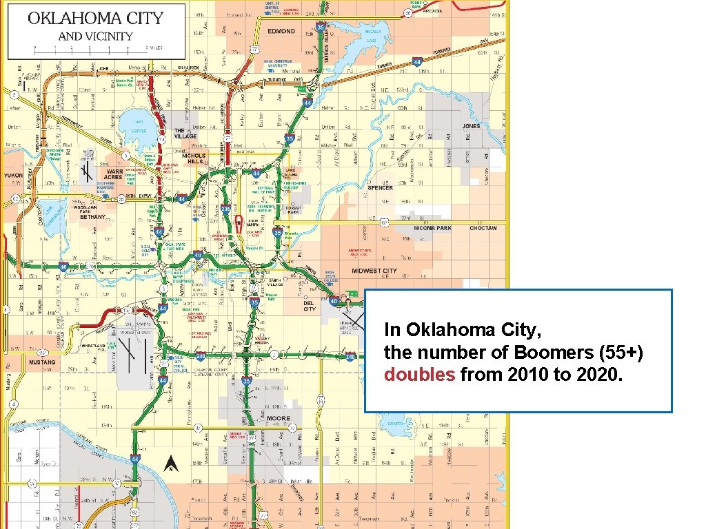 In Oklahoma City, the number of Boomers (55+) doubles from 2010 to 2020. 