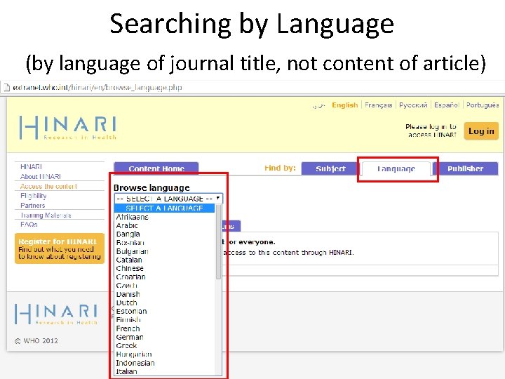 Searching by Language (by language of journal title, not content of article) 