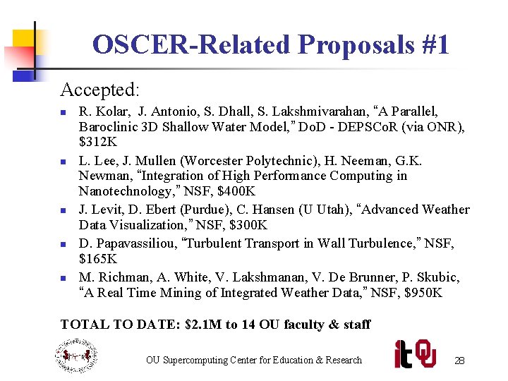 OSCER-Related Proposals #1 Accepted: n n n R. Kolar, J. Antonio, S. Dhall, S.