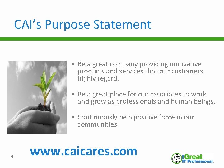 CAI’s Purpose Statement • Be a great company providing innovative products and services that