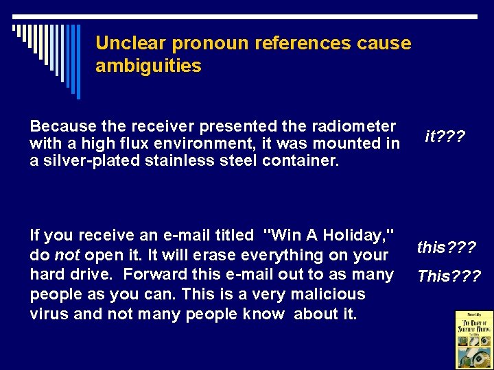Unclear pronoun references cause ambiguities Because the receiver presented the radiometer with a high