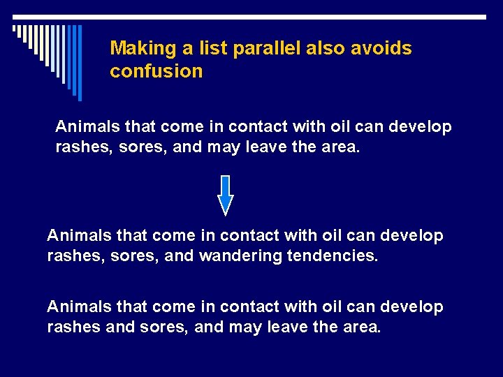Making a list parallel also avoids confusion Animals that come in contact with oil