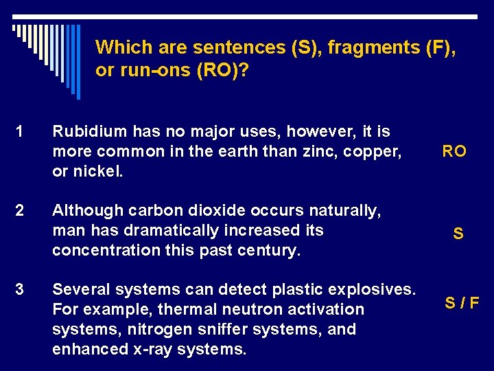 Which are sentences (S), fragments (F), or run-ons (RO)? 1 2 3 Rubidium has