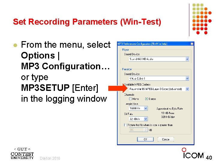 Set Recording Parameters (Win-Test) l From the menu, select Options | MP 3 Configuration…