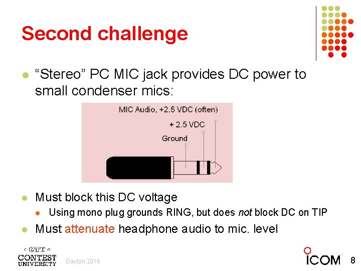 Second challenge l “Stereo” PC MIC jack provides DC power to small condenser mics: