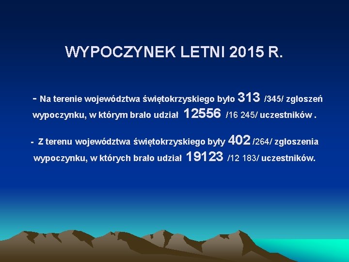WYPOCZYNEK LETNI 2015 R. - Na terenie województwa świętokrzyskiego było 313 /345/ zgłoszeń wypoczynku,