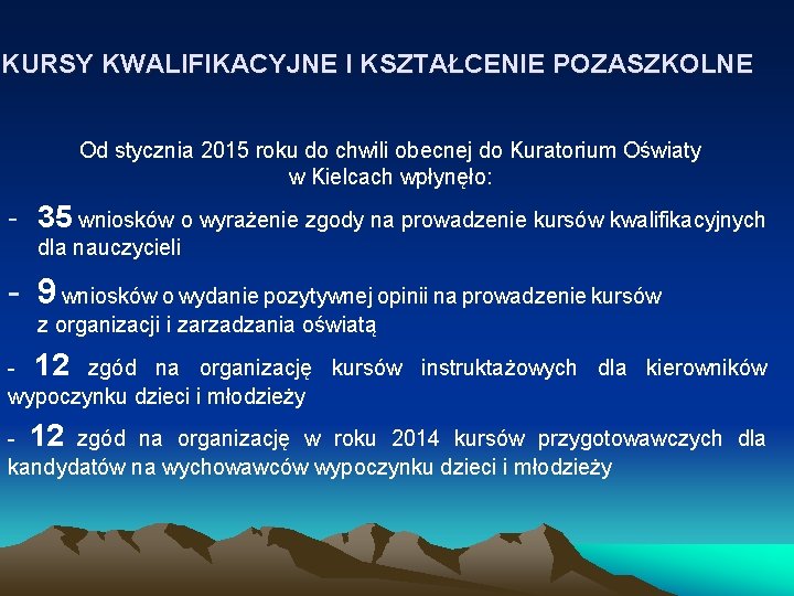 KURSY KWALIFIKACYJNE I KSZTAŁCENIE POZASZKOLNE Od stycznia 2015 roku do chwili obecnej do Kuratorium