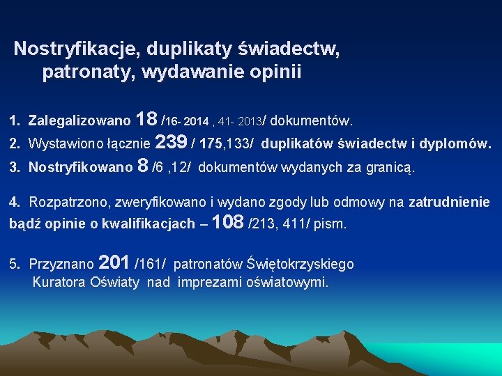  Nostryfikacje, duplikaty świadectw, patronaty, wydawanie opinii 1. Zalegalizowano 18 /16 - 2014 ,