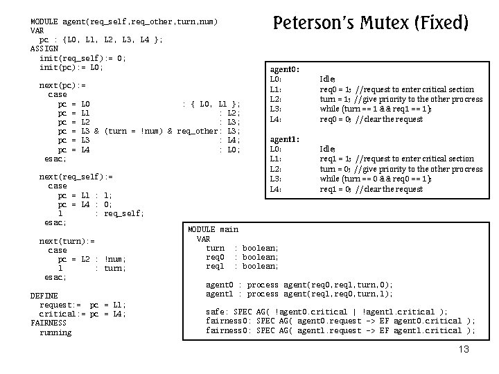 MODULE agent(req_self, req_other, turn, num) VAR pc : {L 0, L 1, L 2, MODULE agent(req_self, req_other, turn, num) VAR pc : {L 0, L 1, L 2,