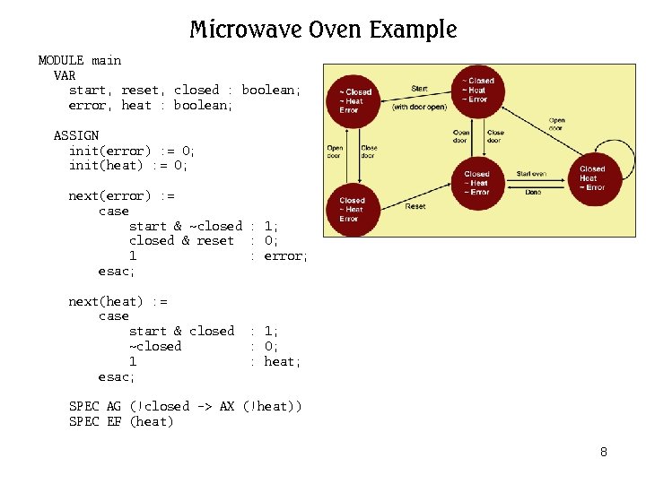 Microwave Oven Example MODULE main VAR start, reset, closed : boolean; error, heat : Microwave Oven Example MODULE main VAR start, reset, closed : boolean; error, heat :