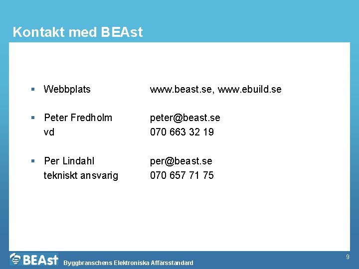 Kontakt med BEAst § Webbplats www. beast. se, www. ebuild. se § Peter Fredholm