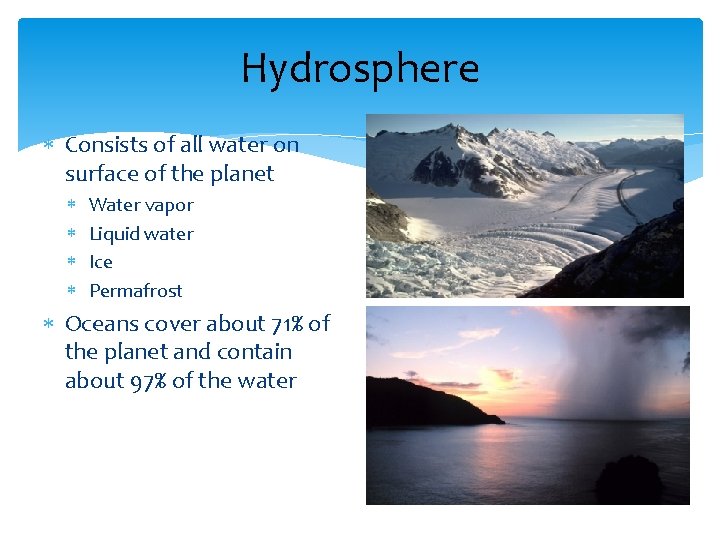 Hydrosphere Consists of all water on surface of the planet Water vapor Liquid water