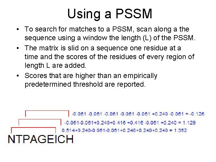 Using a PSSM • To search for matches to a PSSM, scan along a